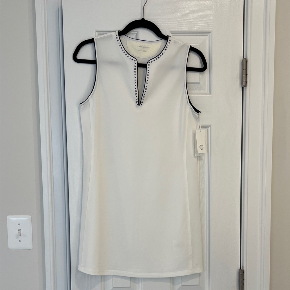 White Sleeveless Dress with Black Trim